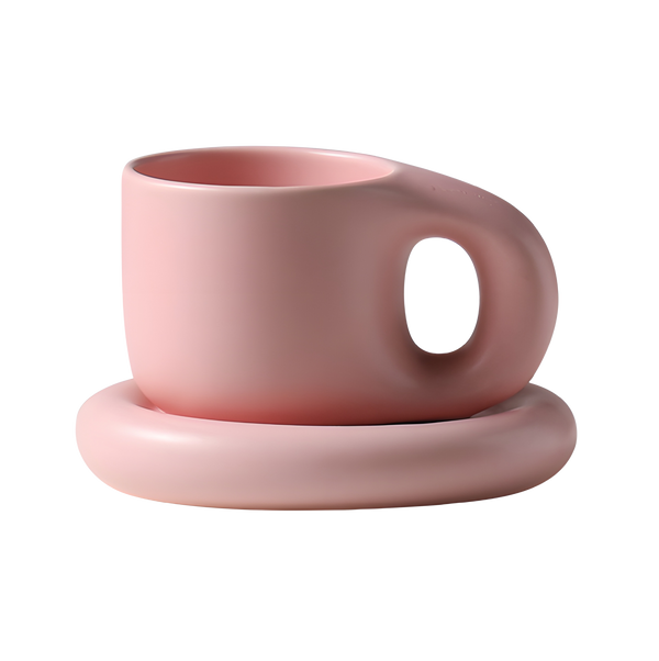 taza escandinava rosada con su plato