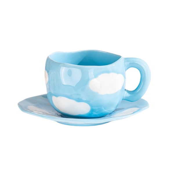 taza ceramica con patron de nubes mas plato