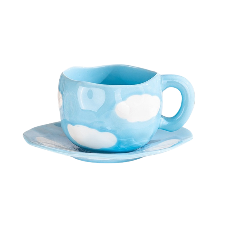 taza ceramica con patron de nubes mas plato