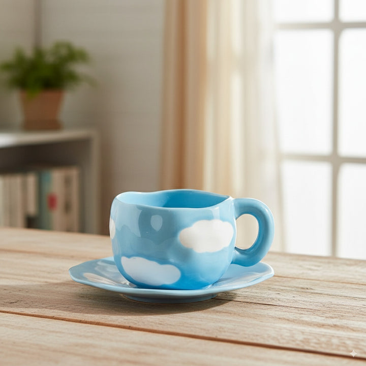 taza y plato de cerámica irregular con patrón de nube para tomar café y te