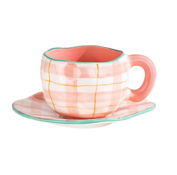 taza ceramica retro con plato retro para tomar cafe y te